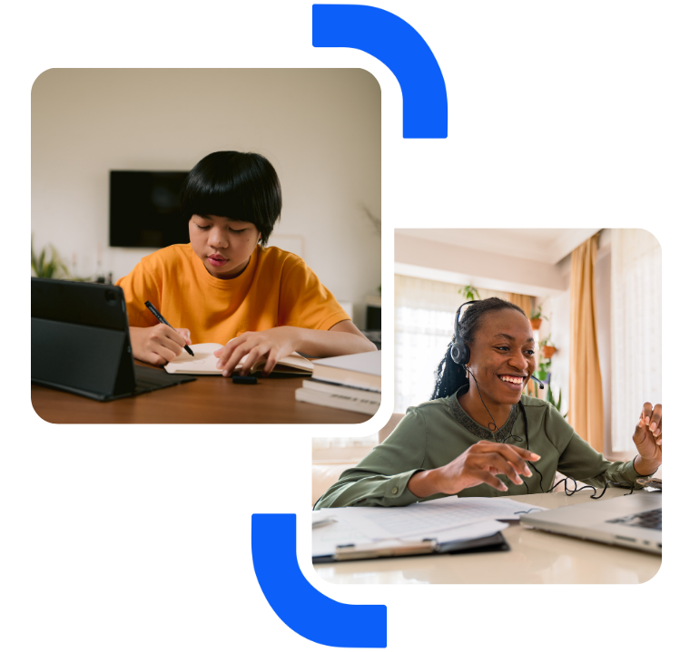 A split image shows a student taking notes on a tablet and a professional using a headset while working at a desk.