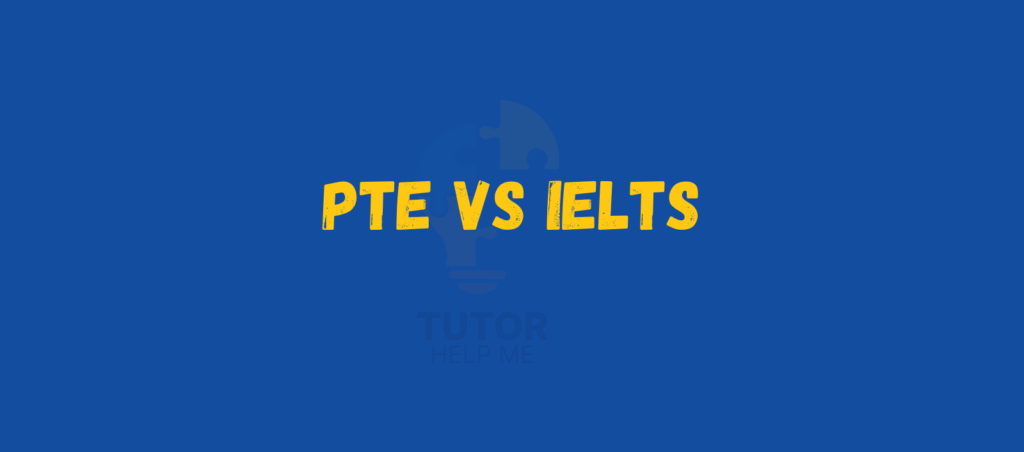 Text graphic comparing PTE vs IELTS on a blue background, emphasizing the differences in English language proficiency tests.