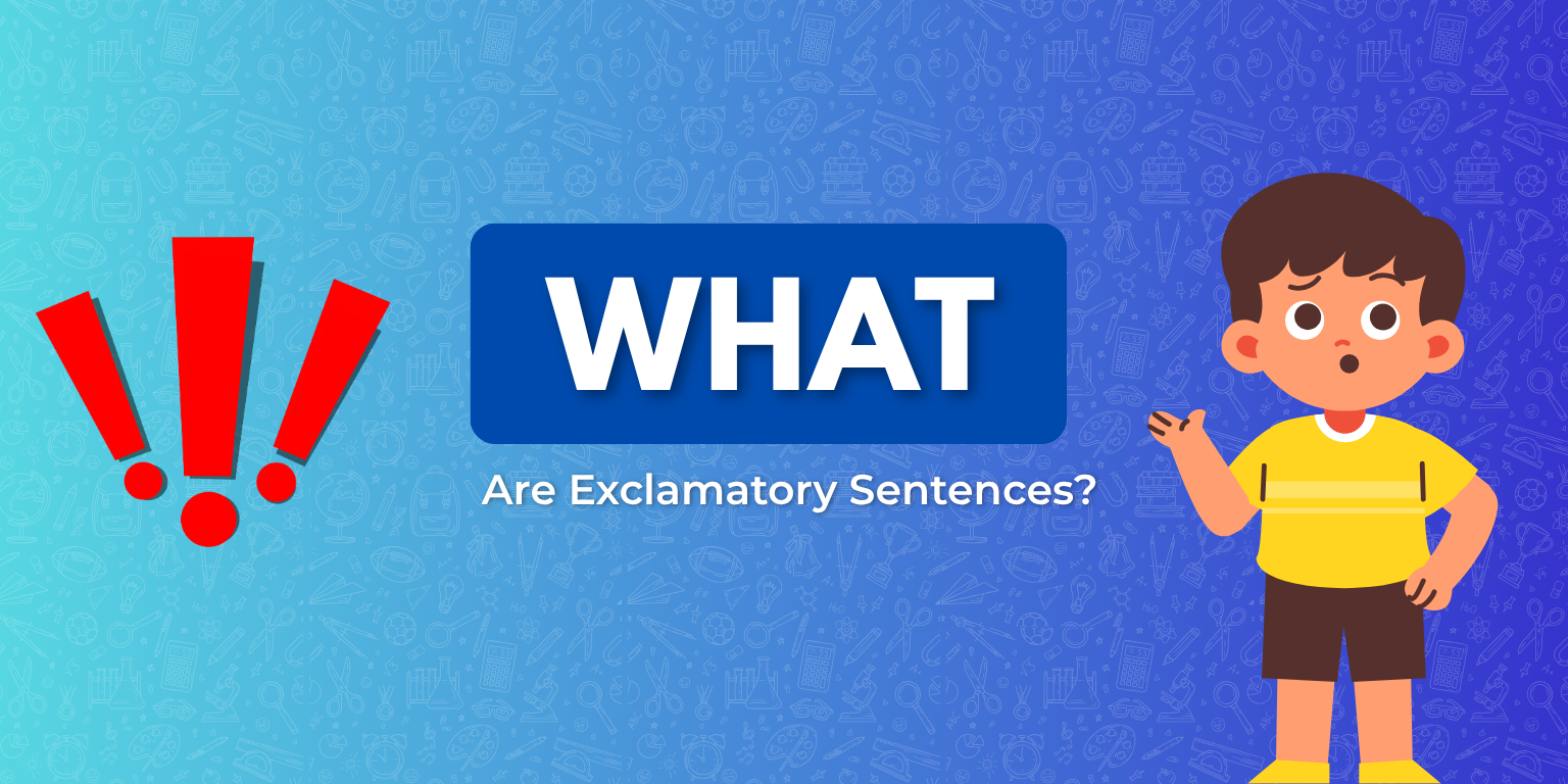 A surprised boy in a yellow shirt stands next to bold text asking about exclamatory sentences, with red exclamation marks in the background.