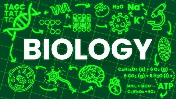 Green-themed illustration featuring DNA, cells, chemical formulas, and icons, with "BIOLOGY" prominently displayed in bold white letters.
