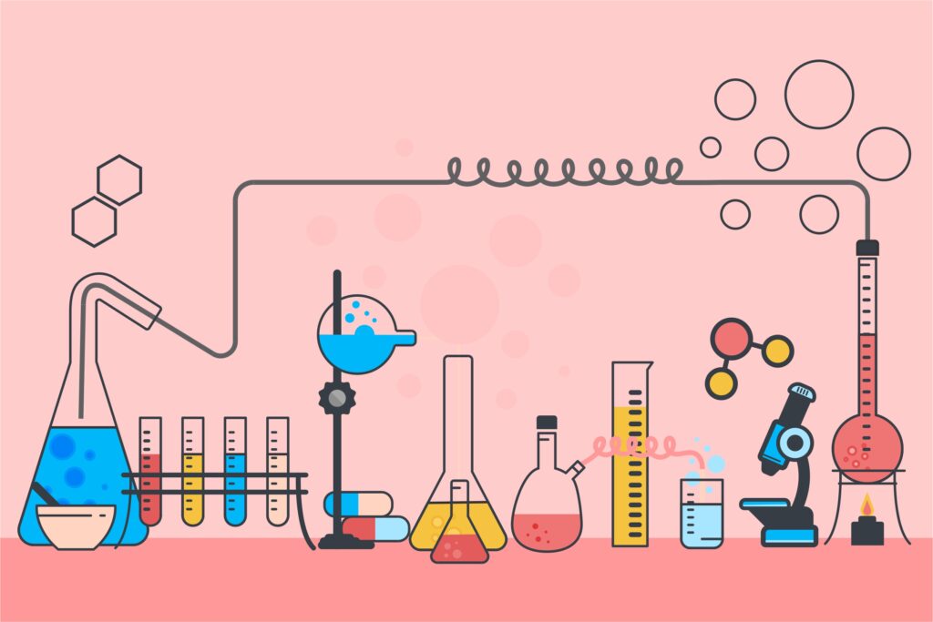 Illustration of a science lab with beakers, test tubes, flasks, and a microscope on a pink background. Bubbles and molecules suggest experimentation.