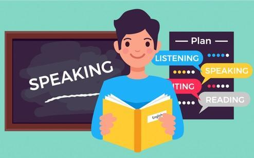 A person holds an English book, standing in front of a chalkboard with "Speaking" written on it. Speech bubbles say "Listening," "Writing," and "Reading."