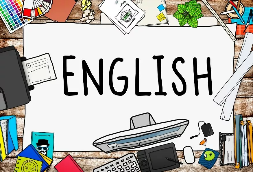 A cluttered desk with colorful stationery and papers, featuring a central handwritten "ENGLISH" on a large sheet.