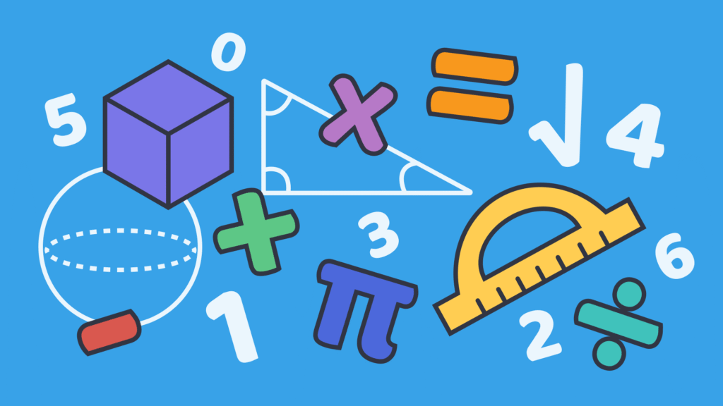 Colorful math symbols, shapes, and numbers float on a blue background, representing basic mathematical concepts and geometry.