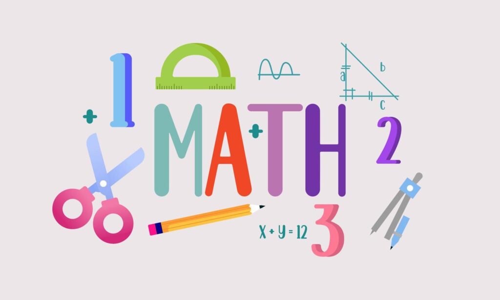 Colorful illustration of the word "MATH" with tools like scissors, a pencil, a protractor, and a compass, alongside mathematical symbols.