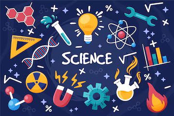 Science-themed illustration with colorful icons including a DNA strand, atom, lightbulb, test tube, beaker, and magnet, arranged on a dark blue background.