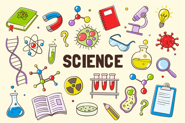 A colorful illustration featuring various science symbols like test tubes, DNA, atoms, a microscope, and the word "SCIENCE" in bold.