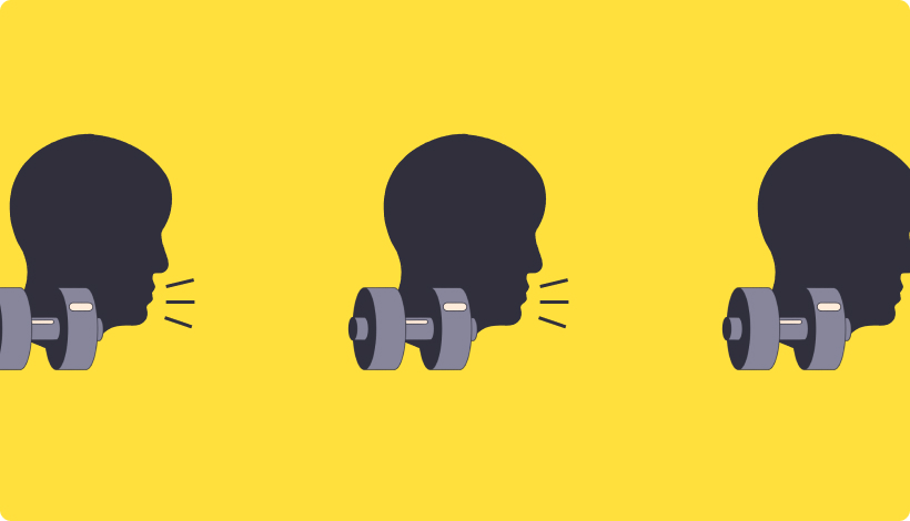 Silhouettes of a head with a dumbbell at the neck, set against a yellow background. Lines by mouth suggest speech. Three repeated images.