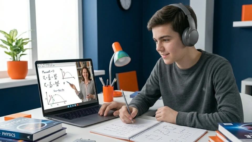 Student wearing headphones taking notes during an online physics class, with equations and graphs on the laptop screen.